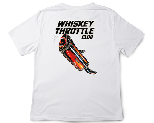 A white short-sleeve t-shirt shown from the back, featuring a graphic of a roaring exhaust pipe with flames and the text 'WHISKEY THROTTLE CLUB' in black.