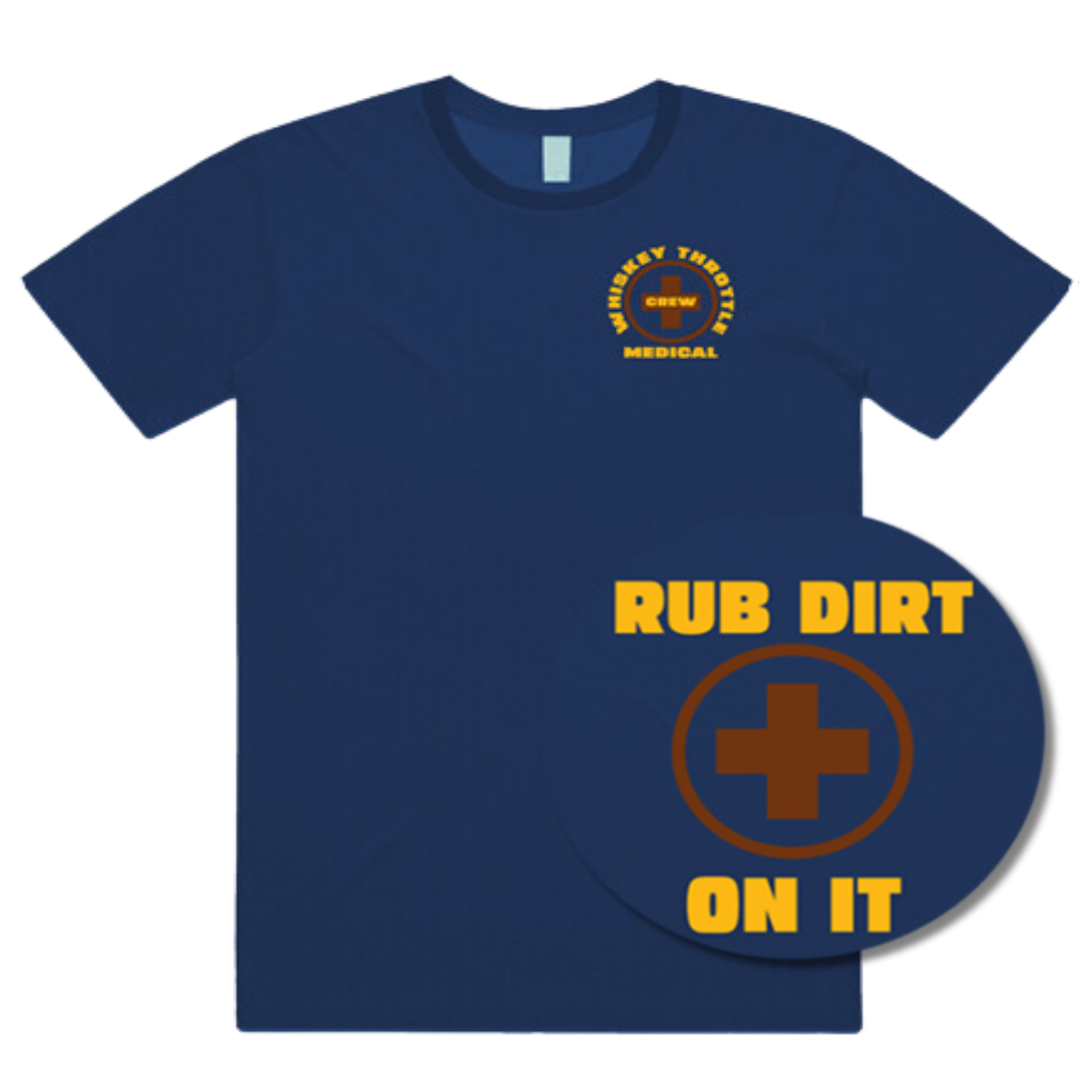 blue t-shirt featuring a small logo on the chest and a larger, circular graphic with the text "Whiskey Throttle Medical" above  a red cross.