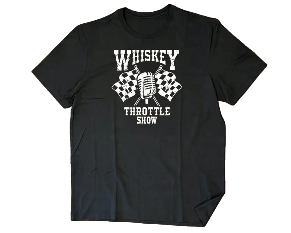 A black short-sleeve crewneck t-shirt with a white graphic print on the front featuring the text 'WHISKEY THROTTLE SHOW' and a central microphone design flanked by checkered flags.