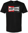 A black short-sleeve crewneck t-shirt featuring a distressed rectangular graphic on the chest with red, white, and black sections and the text 'WHISKEY THROTTLE' and 'CLUB'.
