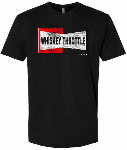 A black short-sleeve crewneck t-shirt featuring a distressed rectangular graphic on the chest with red, white, and black sections and the text 'WHISKEY THROTTLE' and 'CLUB'.