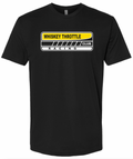 A black short-sleeve crewneck t-shirt featuring a graphic print on the chest that reads 'WHISKEY THROTTLE CLUB RACING' in white, black, and yellow.