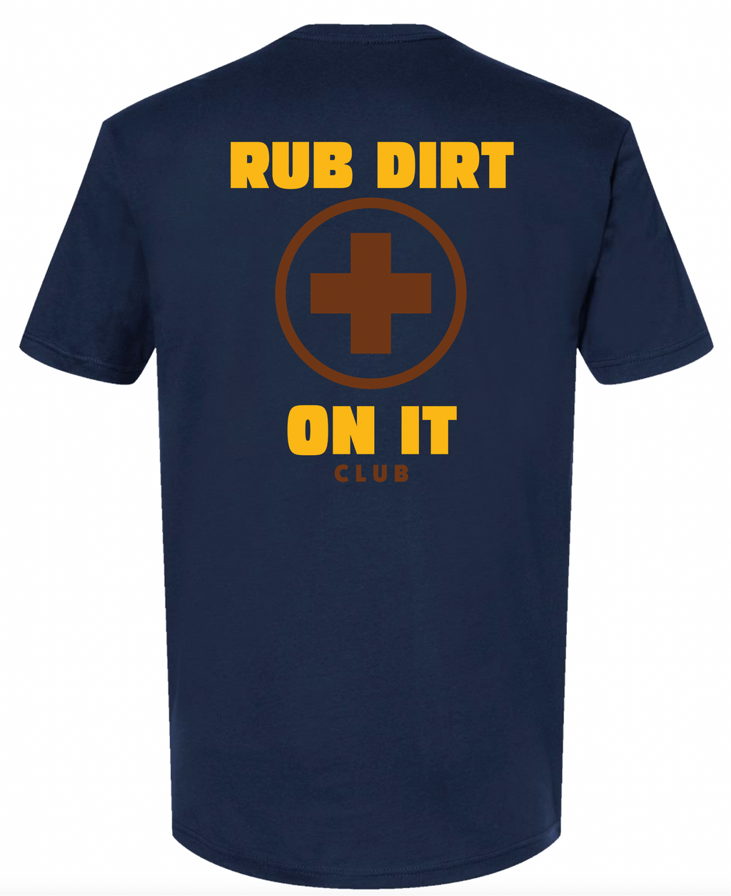 Front and back views of a navy blue crewneck t-shirt. The front left chest features a small yellow circular graphic with a red cross.