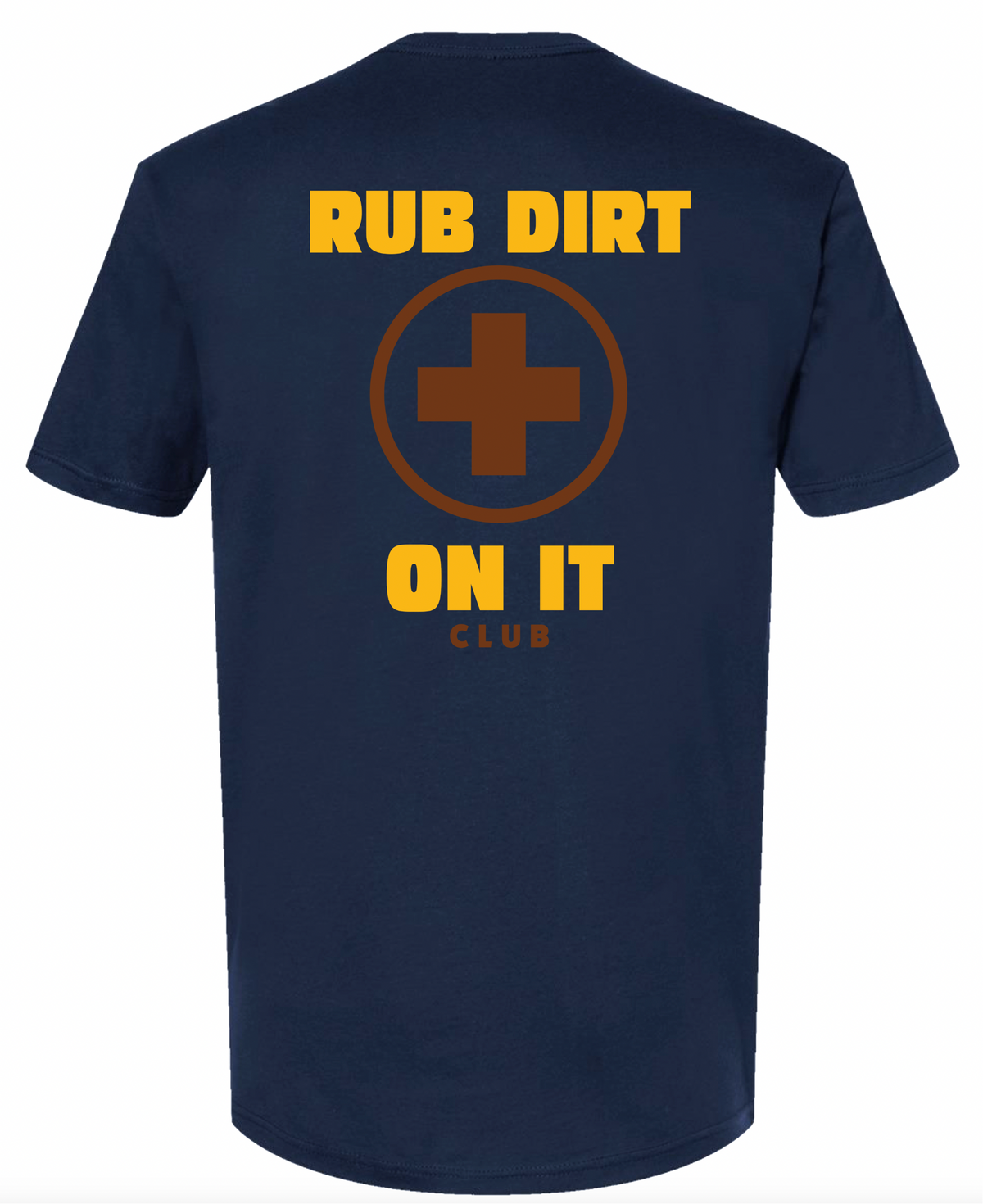 Front and back views of a navy blue crewneck t-shirt. The front left chest features a small yellow circular graphic with a red cross.