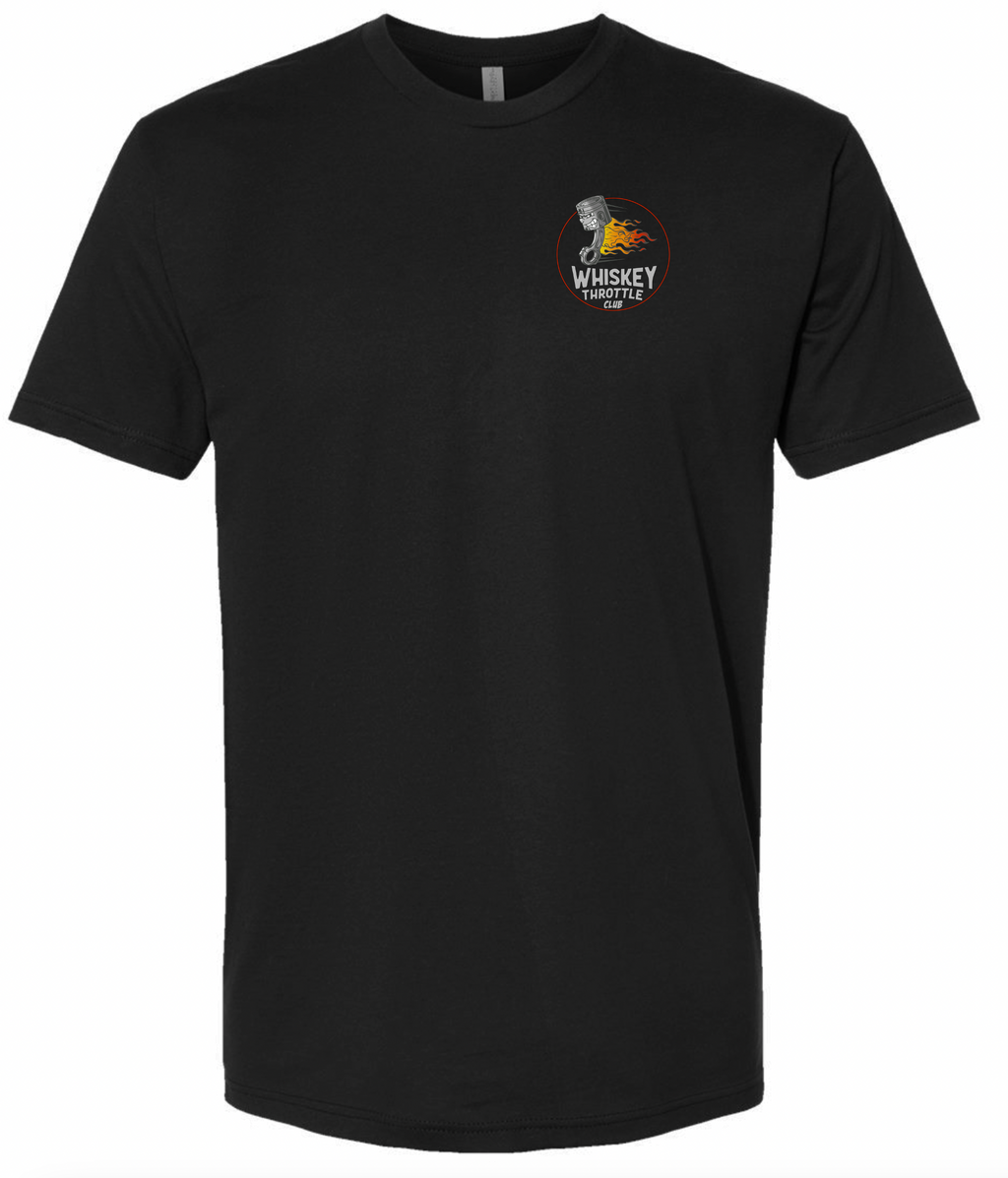 Black short-sleeve t-shirt shown from the front and back. The front features a small left-chest graphic with a whiskey glass and flames reading 'Whiskey Throttle Club'.