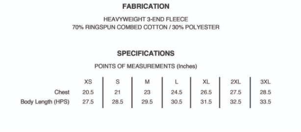 white measurement specification sheet for a heavyweight pullover hoodie, with a size chart and fabric details below.